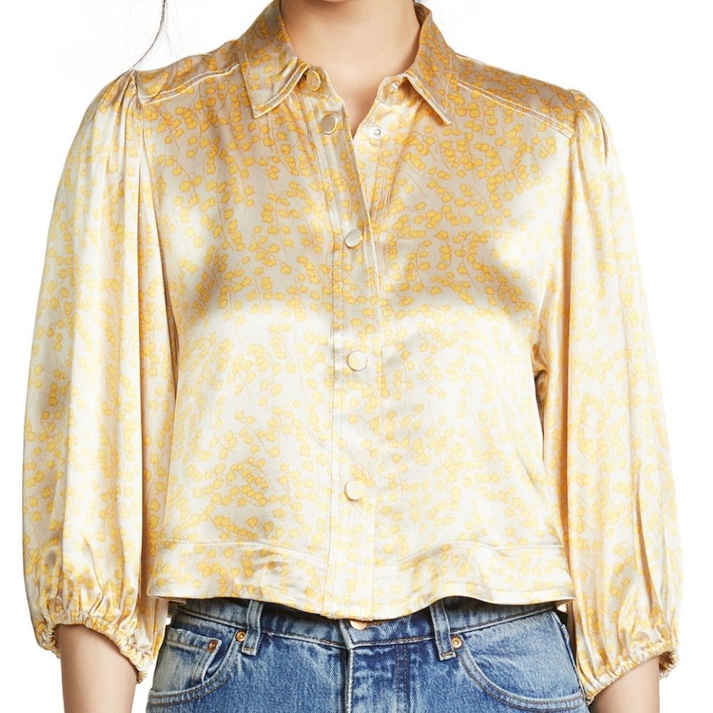 GANNI Heavy Satin Floral Gold and Yellow Blouse XS